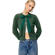 Women's Hunter Green Chiffon Bow Tie Knit Cardigan