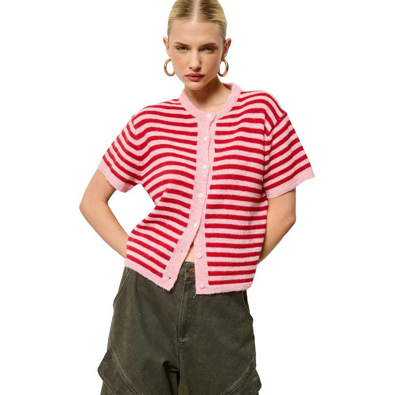 Women's Strawberry Striped Short Sleeve Knit Cardigan