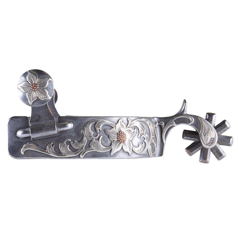Engraved Silver Floral Men's Spurs with 8 Point Rowel