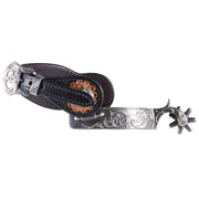 Engraved Silver Floral Men`s with 7 point rowel and Tooled Leather Spur Straps Set