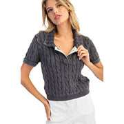 Women's Ink Cable Knit Contrast Floral Lined Polo Top