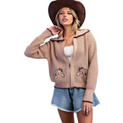 Women's Taupe Horse Waffle Zip Jacket