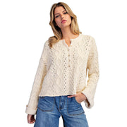 Women's Oatmeal Cable Knit Partial Button Sweater