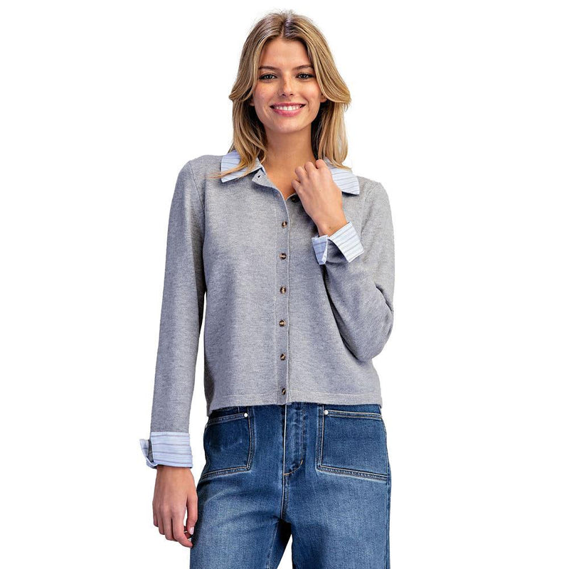 Women's Heather Grey Striped Preppy Layered Cardigan