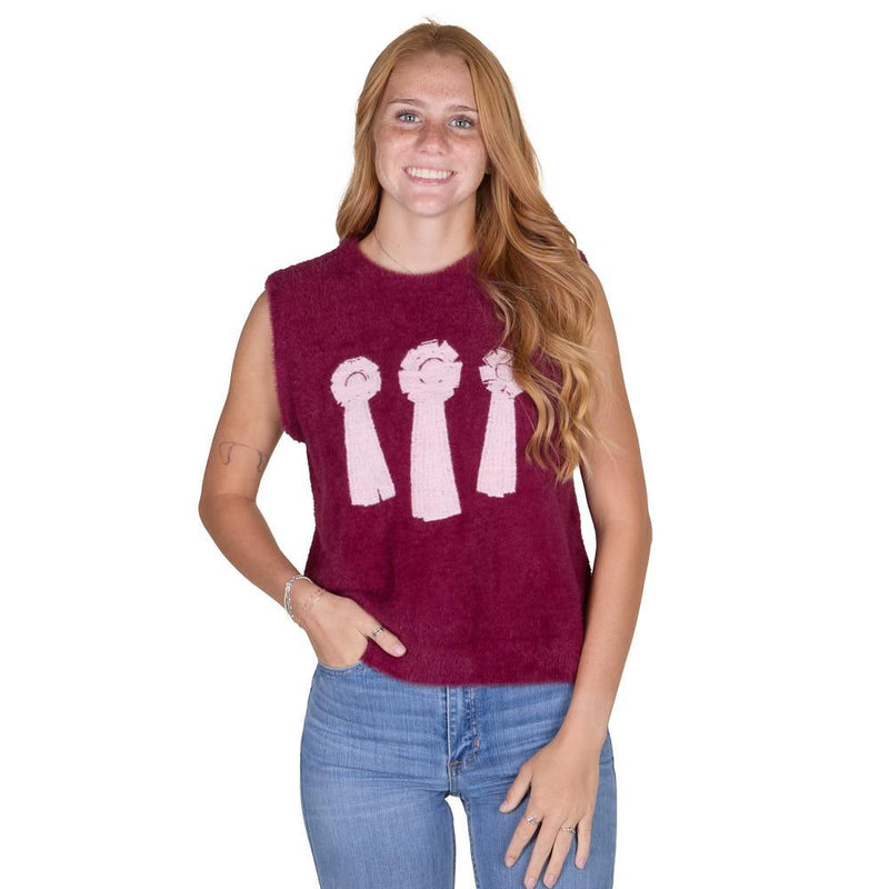 Women's Maroon Fuzz Ranch Ribbons Sweater Vest