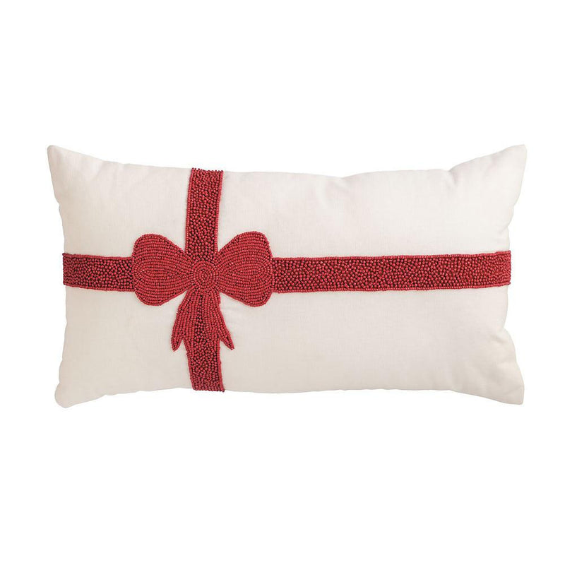 Christmas Bow Lumbar Beaded Pillow