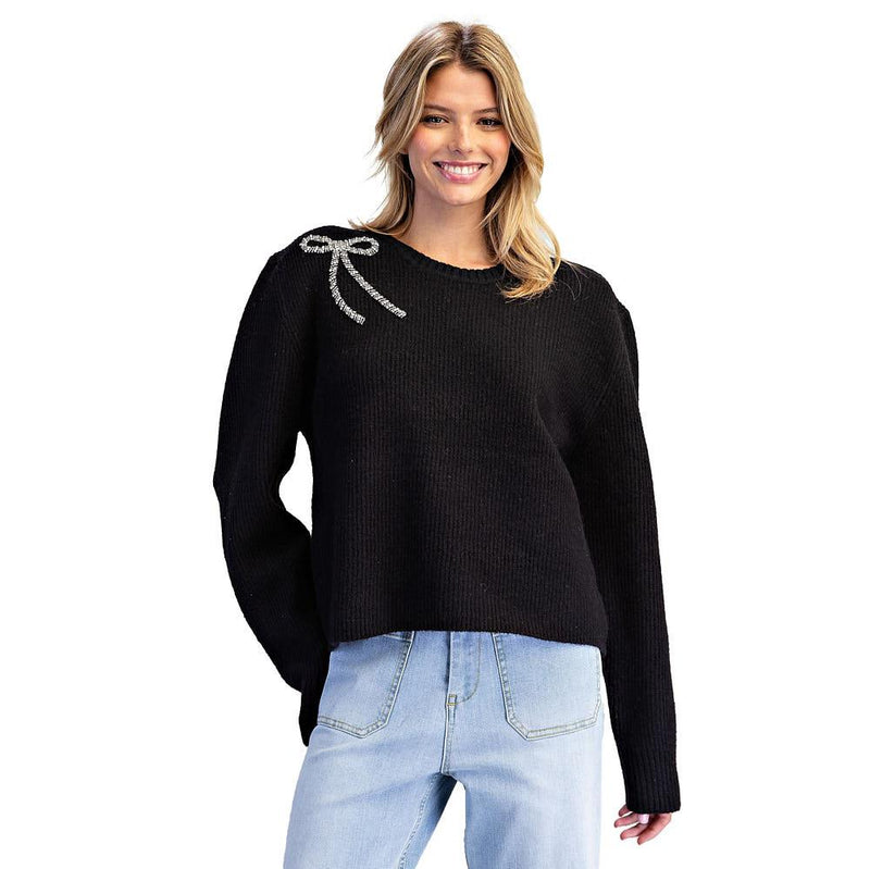 Women's Black Rhinestone Bow Sweater