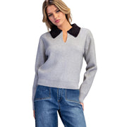 Women's Charcoal Fuzzy Collar Split Neck Sweater