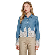 Women's Light Denim Chambray Lace Trim Button Shirt