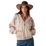 Women's Tan Floral Embroidered Zip Hoodie