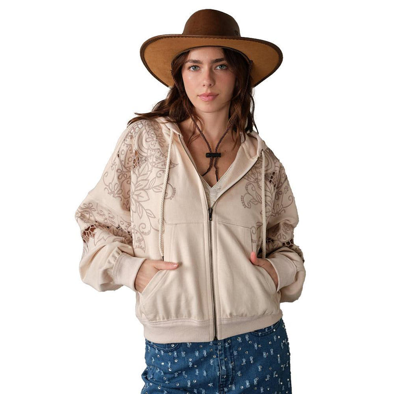 Women's Tan Floral Embroidered Zip Hoodie