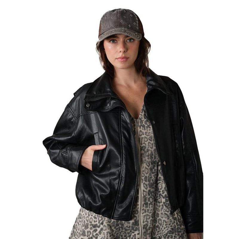 Women's Black High Collar Faux Leather Jacket