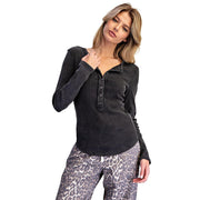 Women's Ash Black Mineral Wash Half Button Long Sleeve Top