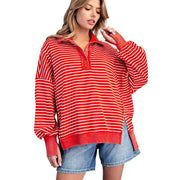 Women's Red Striped Snow Washed Pullover
