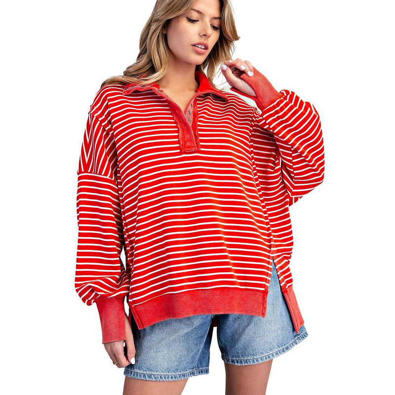 Women's Red Striped Snow Washed Pullover