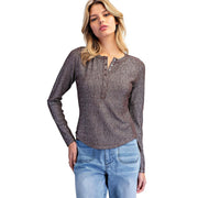 Women's Dp Brown Metallic Henley Long Sleeve Top