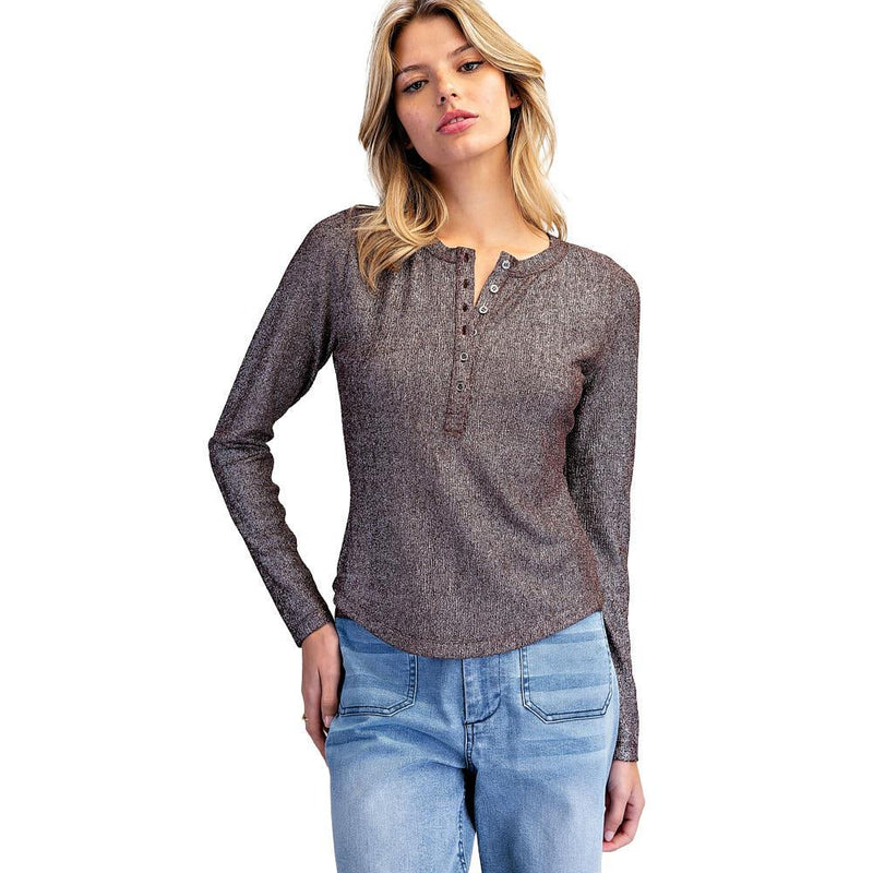 Women's Dp Brown Metallic Henley Long Sleeve Top