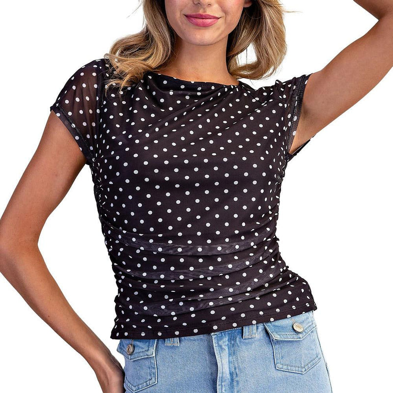 Women's Black Polka Dot Ruched Mesh Top
