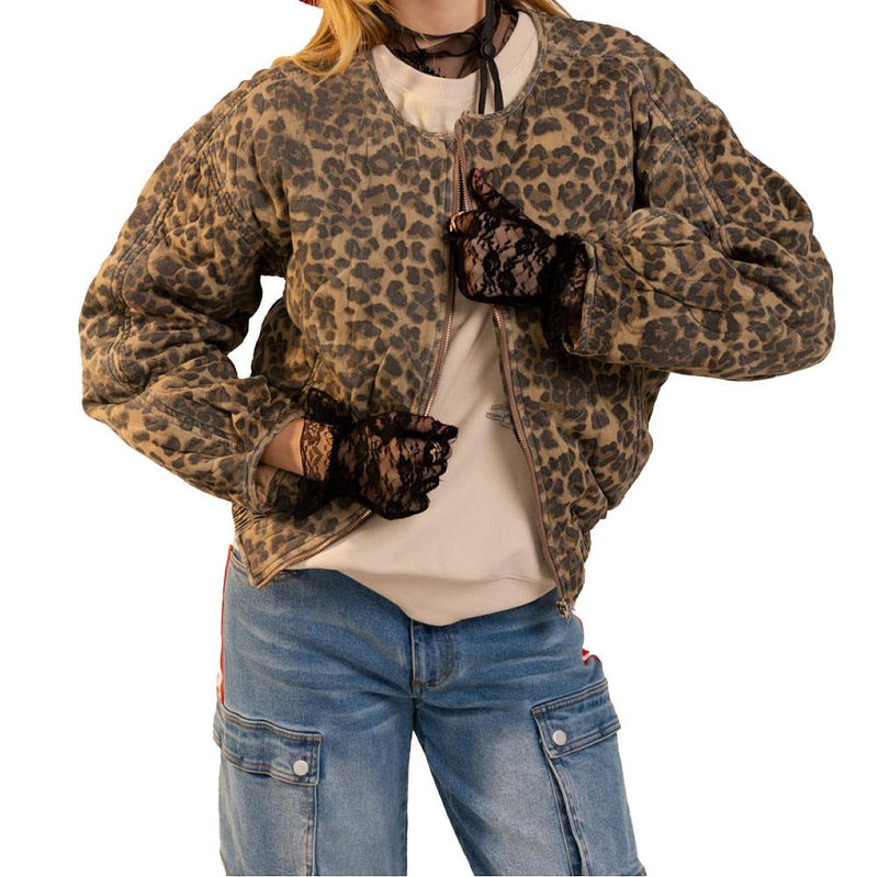 Women's Leopard Washed Quilted Zip Jacket
