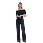 Women's Black Mid Rise Rhinestone Cuffed Slim Wide Jean