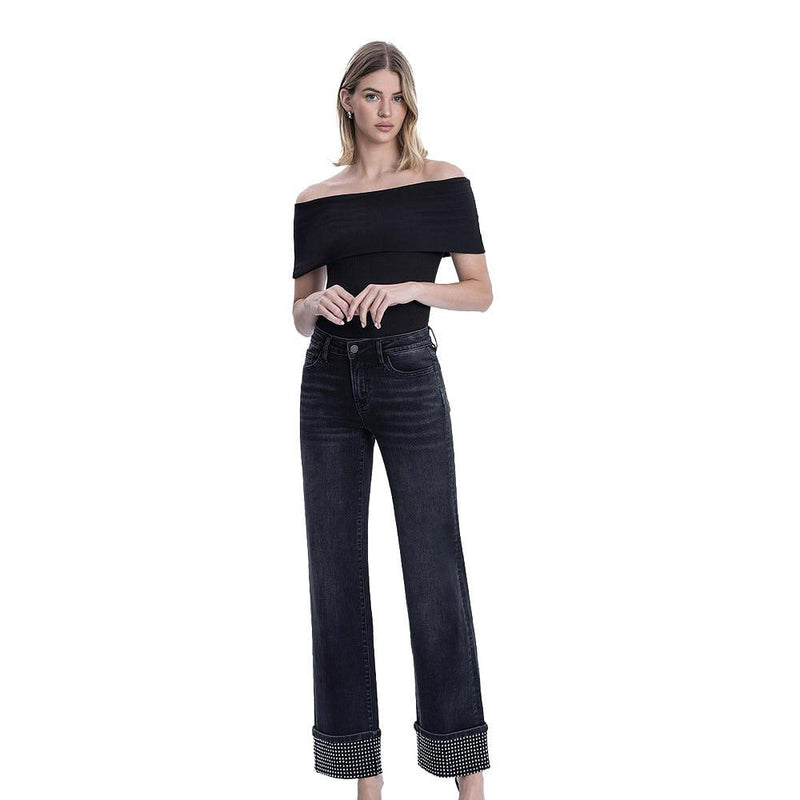 Women's Black Mid Rise Rhinestone Cuffed Slim Wide Jean
