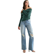 Pale Sea Distressed Raw Hem High Rise Wide Leg