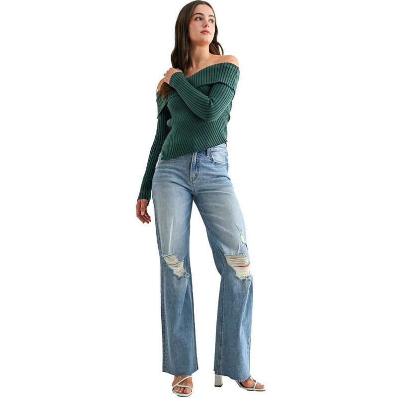 Pale Sea Distressed Raw Hem High Rise Wide Leg