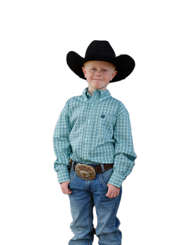Boy's Long Sleeve Turquoise Print Button Down Shirt