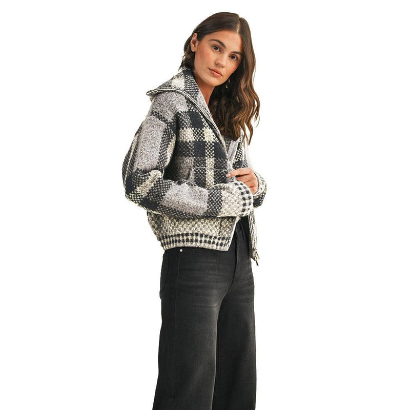 Women's Grey Multi Plaid Fuzzy Cropped Jacket