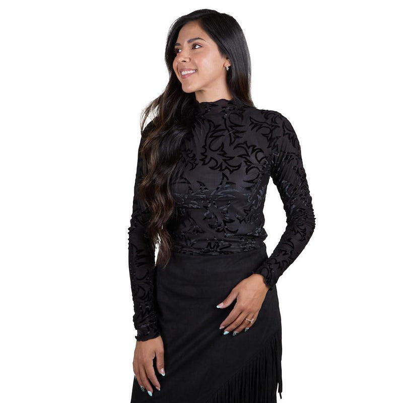 Women's Black Velvet Burnout Long Sleeve Top