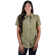 Women's Olive Short Sleeve Pearl Snap
