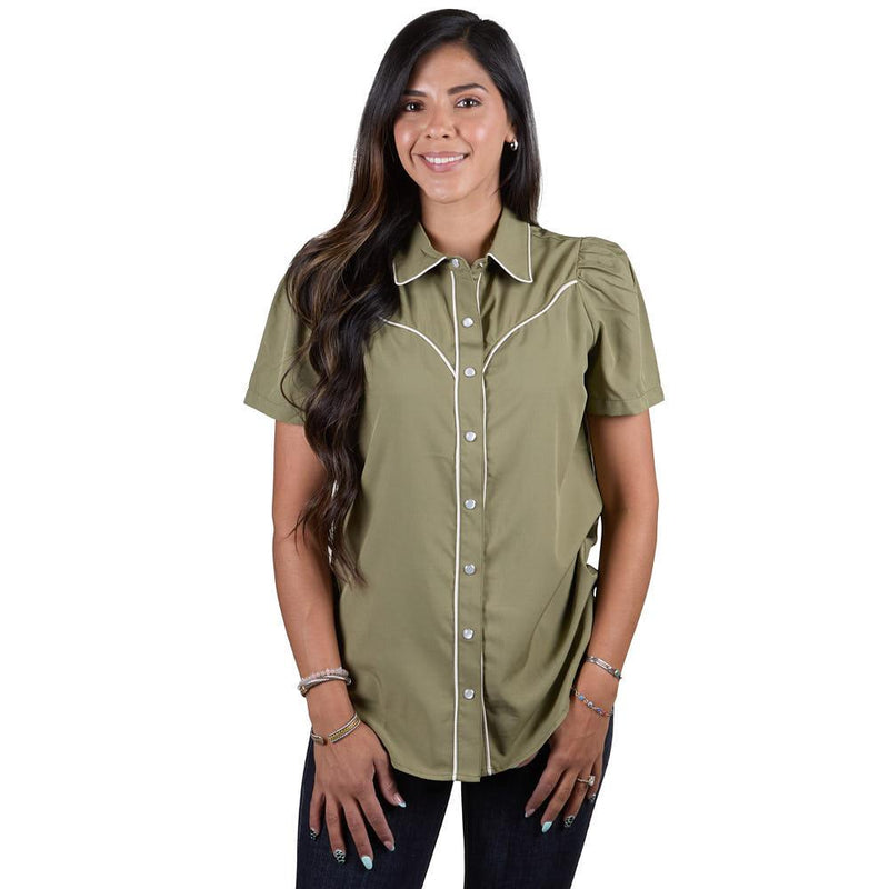Women's Olive Short Sleeve Pearl Snap
