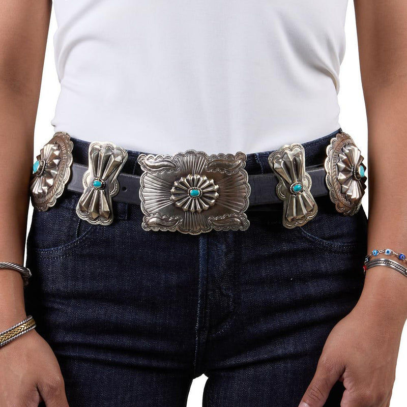 Vintage Turquoise Concho with Bow Tie Black Leather Belt
