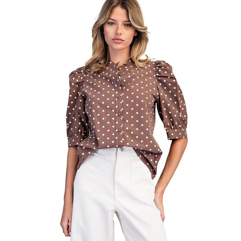 Women's Mocha Polka Dot Puff Sleeve Top