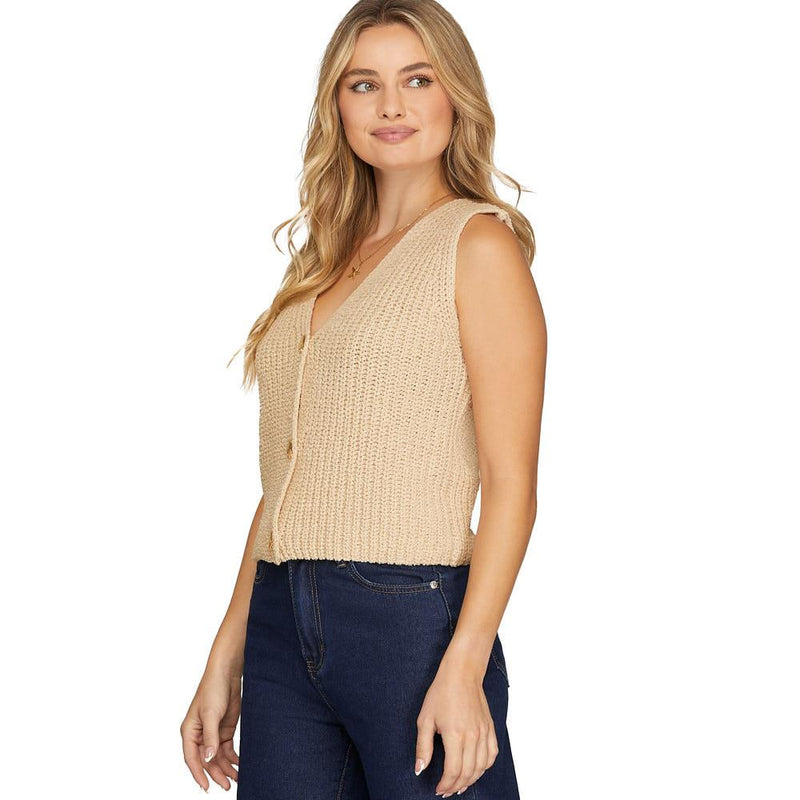 Women's Taupe Shell Button Sweater Vest