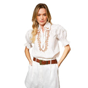 Women's Off White Embroidered Scallop Puff Sleeve Top