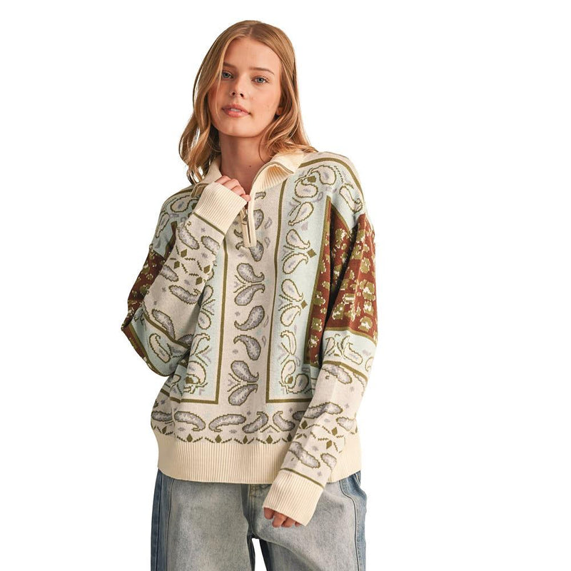 Women's Blue Brown Multi Paisley Pullover