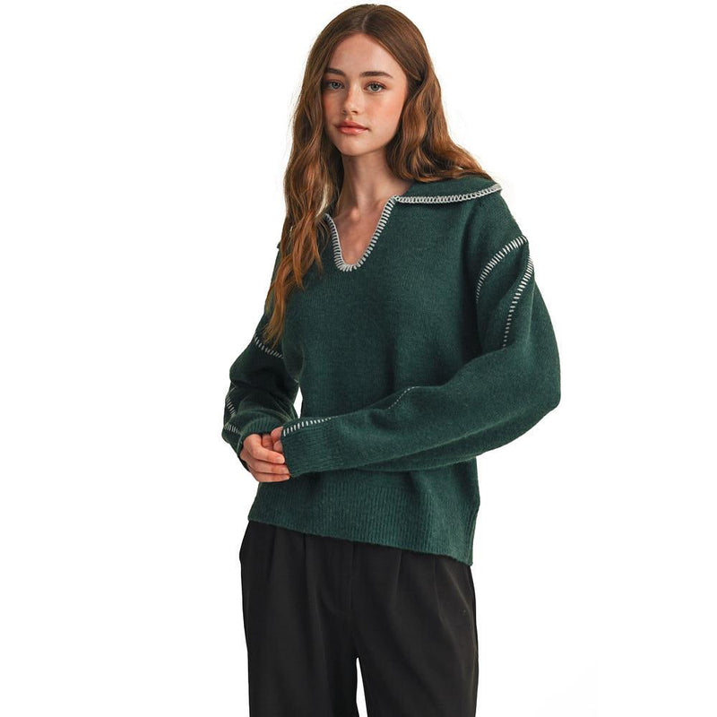 Women's Pine Blue Contrast Blanket Stitch Sweater