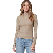 Women's Mocha Mock Neck Metallic Ribbed Top