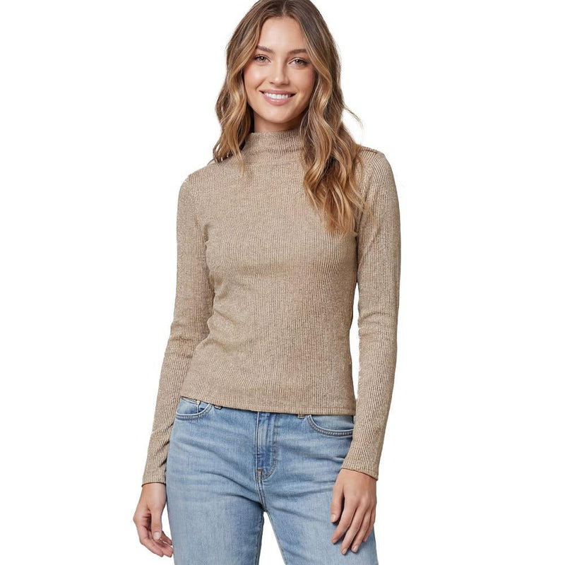 Women's Mocha Mock Neck Metallic Ribbed Top