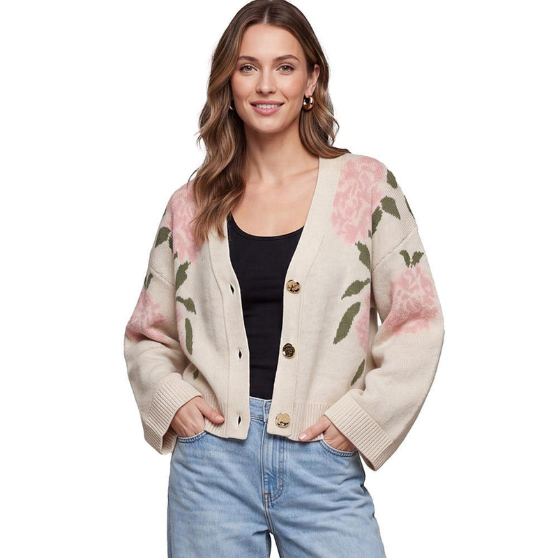 Women's Taupe Floral Button Knit Cardigan