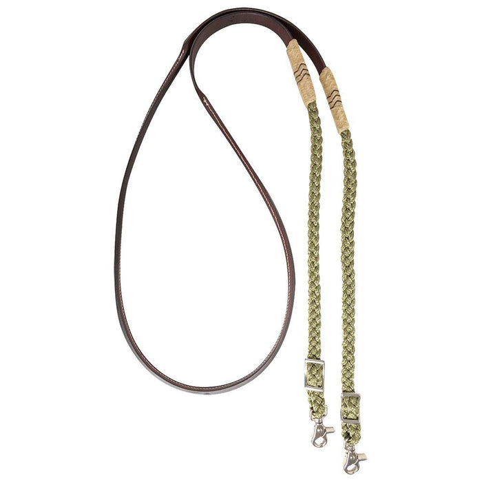 Adjustable Leather and Braided Rope Reins with Rawhide Accents
