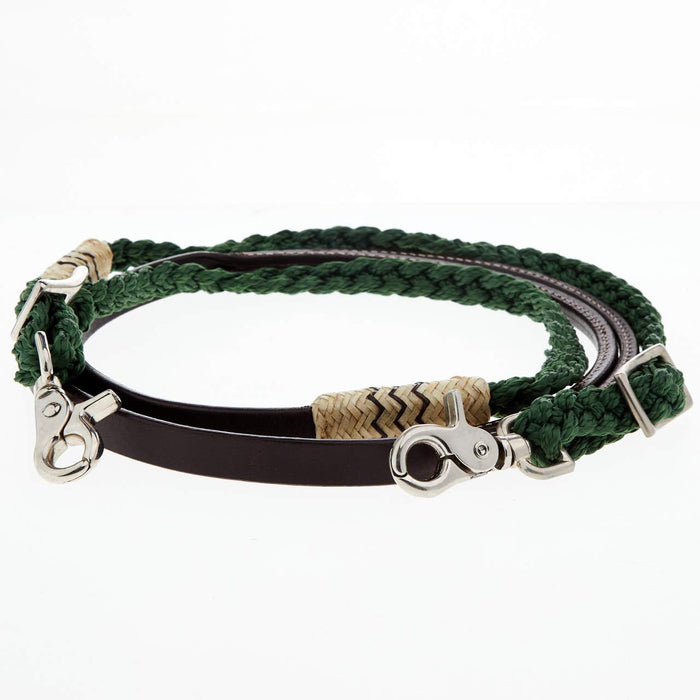 Adjustable Leather and Braided Rope Reins with Rawhide Accents