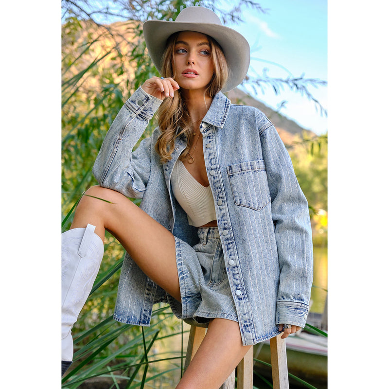 Blue B Womens Light Wash Stripe Denim Shirt Jacket