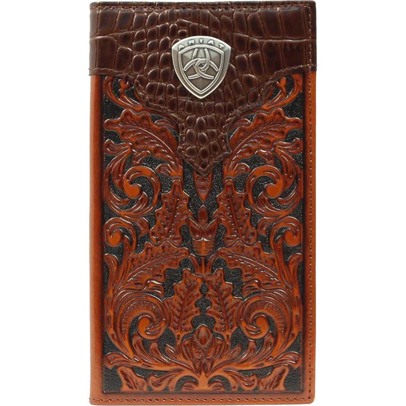 Cognac Tooled with Gator Overlay Rodeo Wallet