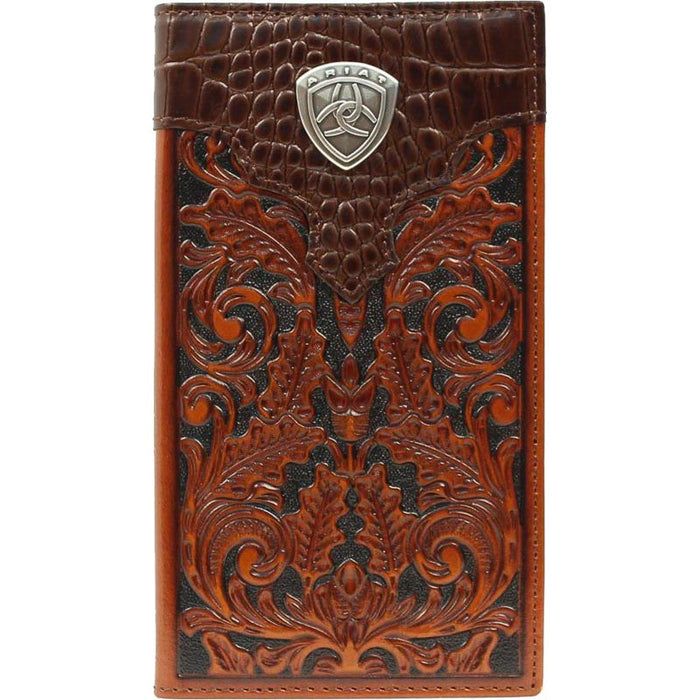 Cognac Tooled with Gator Overlay Rodeo Wallet