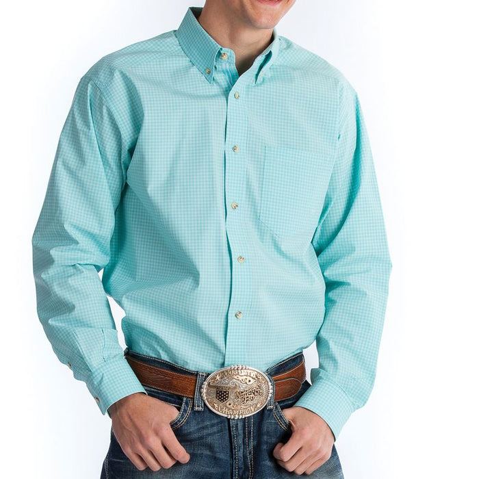 Men's Turquoise and White Check Buttondown Shirt