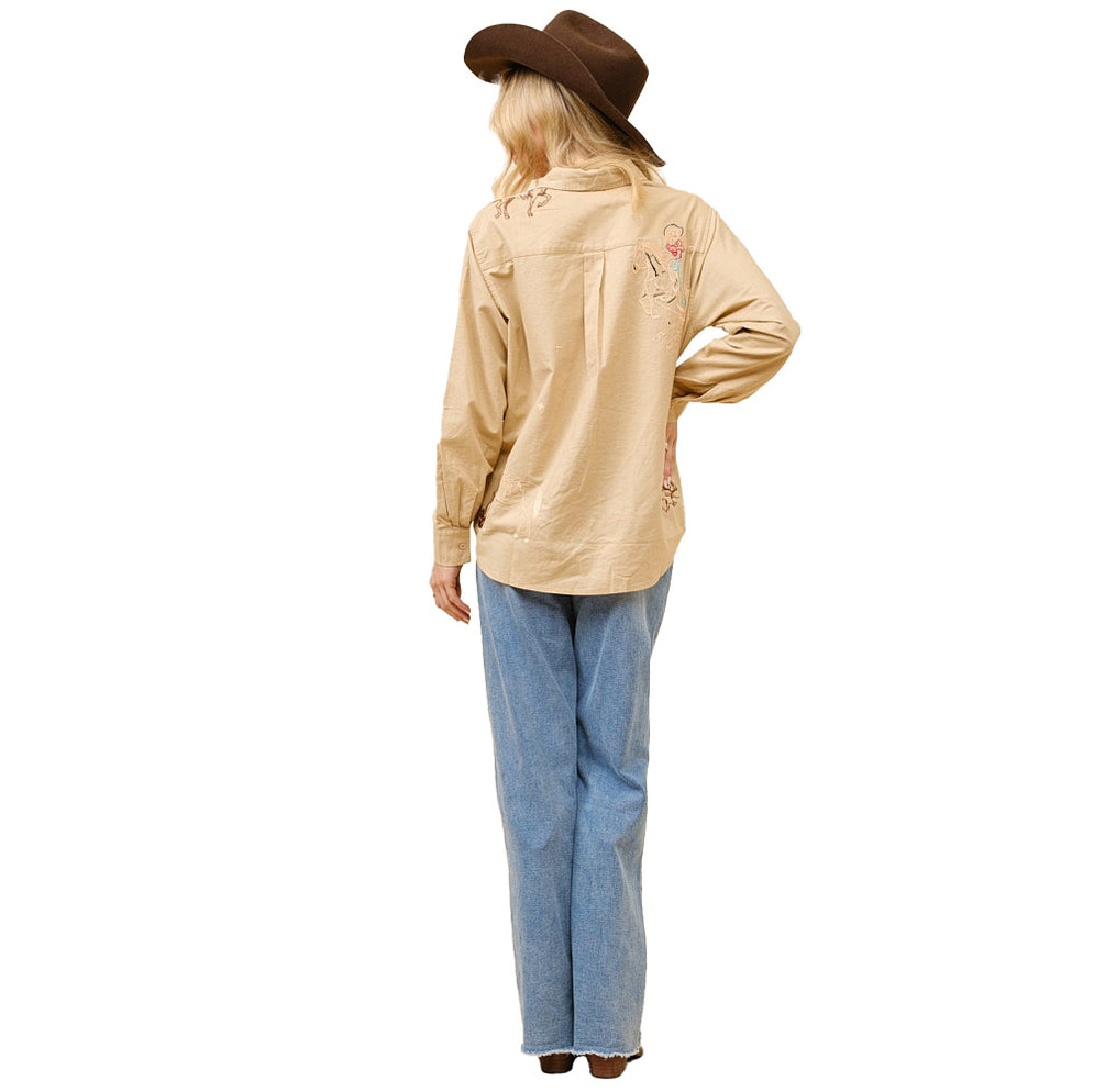 Front Ruffle Camel Western Blouse FINAL SALE