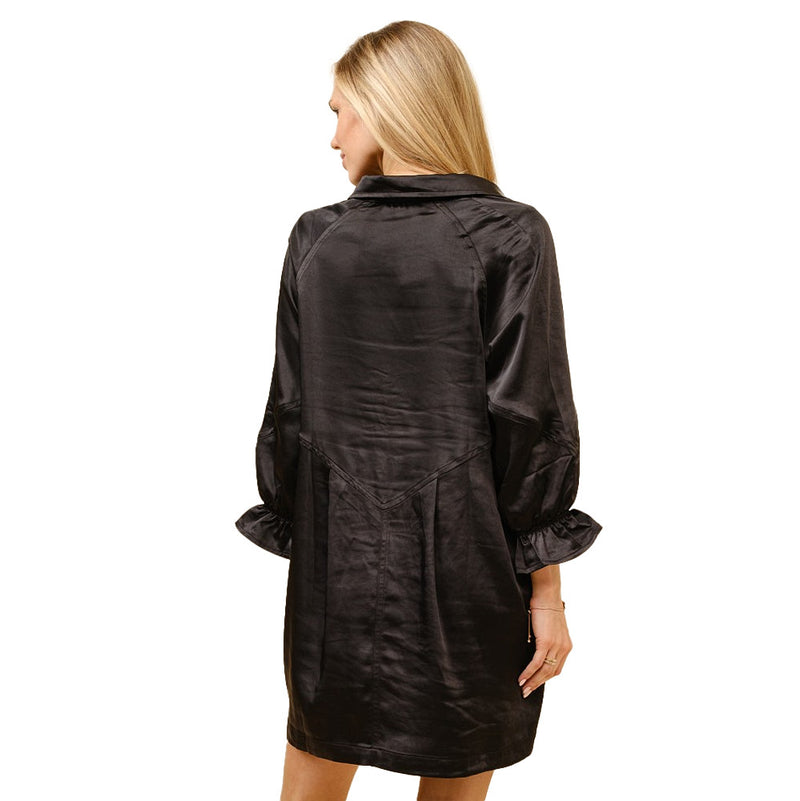 Blue B Women's Black Satin Ruffle Sleeve Mini Dress