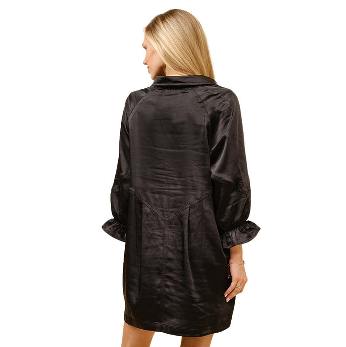 Blue B Women's Black Satin Ruffle Sleeve Mini Dress